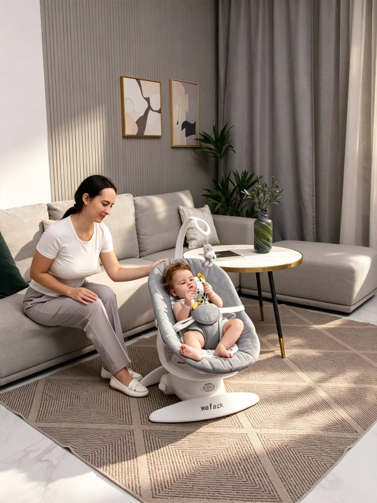 Avtomatik tebratish, pult va 360° aylanishli elektr bolalar belanchagi