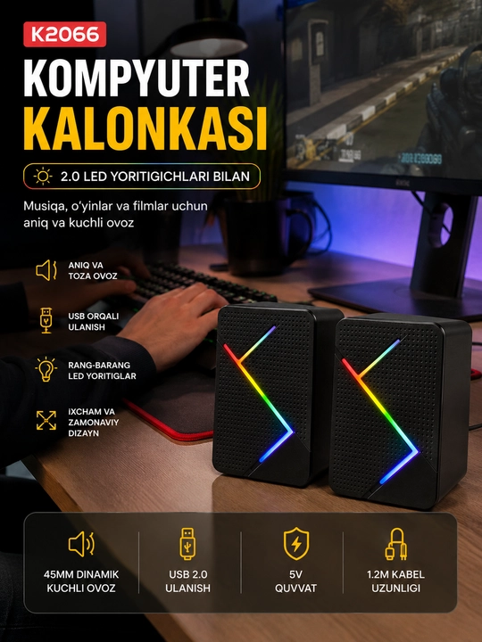 K2066 simli kompyuter kalonkasi, USB + 3.5 mm AUX, stereo ovoz, RGB yoritgich