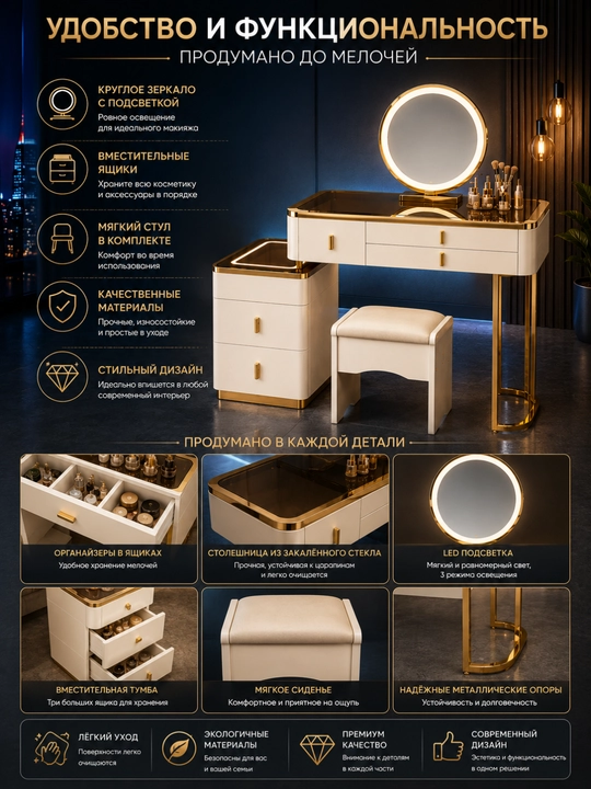 LED chiroqlari va qutilari bo‘lgan pardoz stoli - 