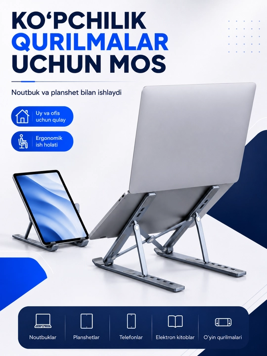 Noutbuk uchun alyuminiy katlanuvchi stend, 15.6 dyuymgacha, 7 darajali sozlanadi