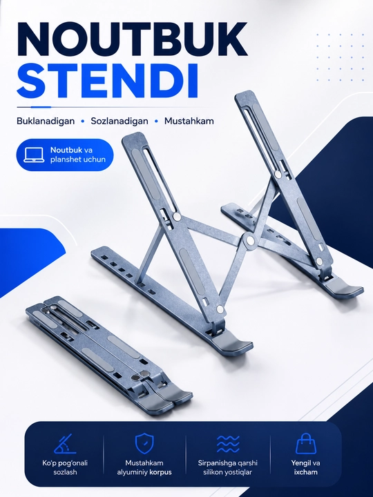Noutbuk uchun alyuminiy katlanuvchi stend, 15.6 dyuymgacha, 7 darajali sozlanadi
