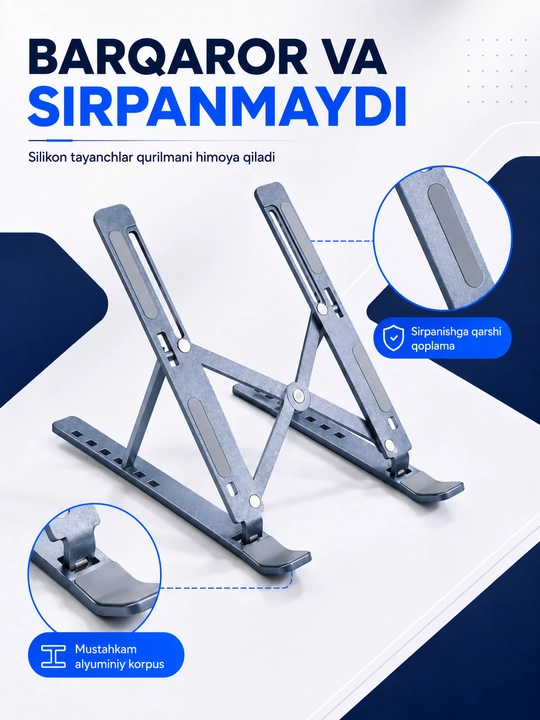 Noutbuk uchun alyuminiy katlanuvchi stend, 15.6 dyuymgacha, 7 darajali sozlanadi