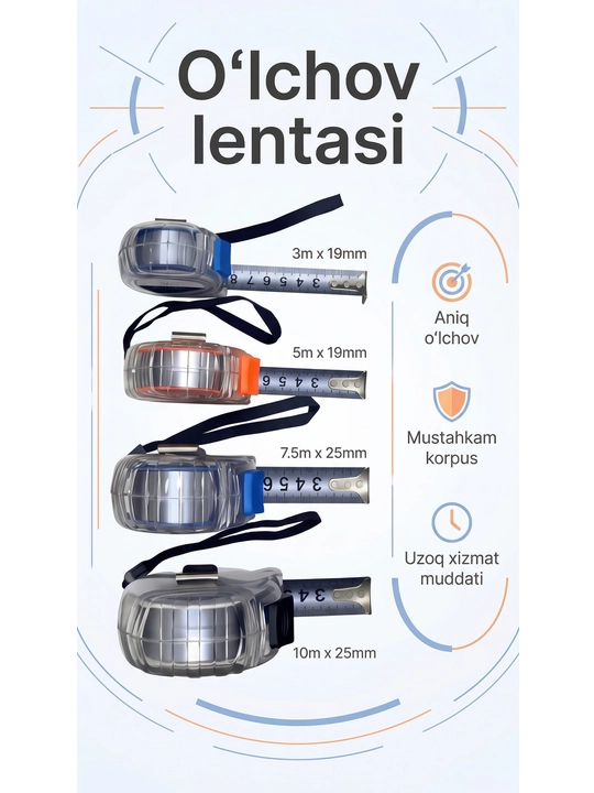 Qurilish ruletkasi, o'lchov lentasi, mustahkam korpusli, 3m / 5m / 7.5m / 10m