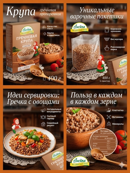 Aleyka paketchalardagi grechka yormasi, yadro, 12 × 400 g (4.8kg)