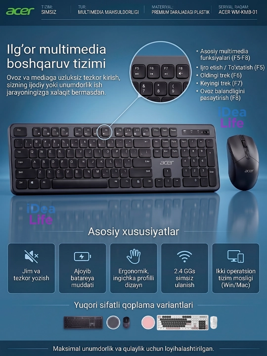Acer simsiz klaviatura va sichqoncha Bluetooth 5.0/2.4G, kompyuter va noutbuk uchun