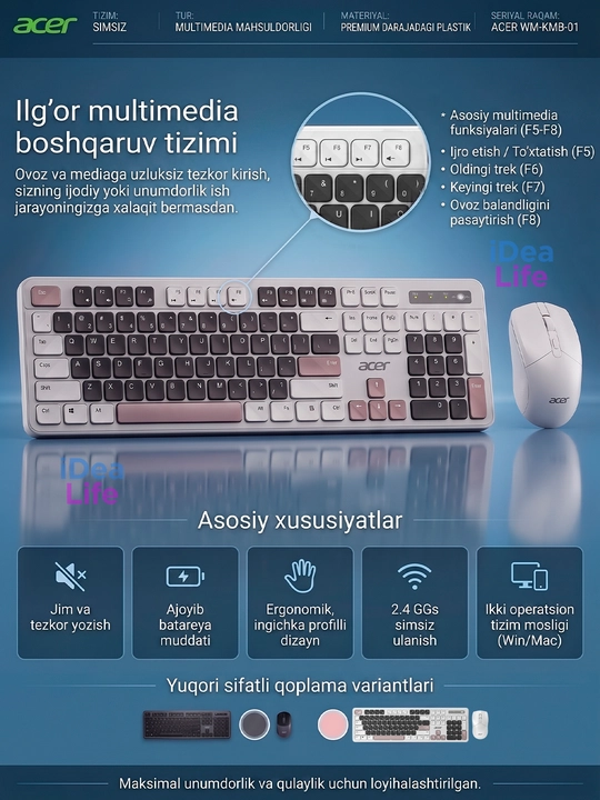 Acer simsiz klaviatura va sichqoncha Bluetooth 5.0/2.4G, kompyuter va noutbuk uchun