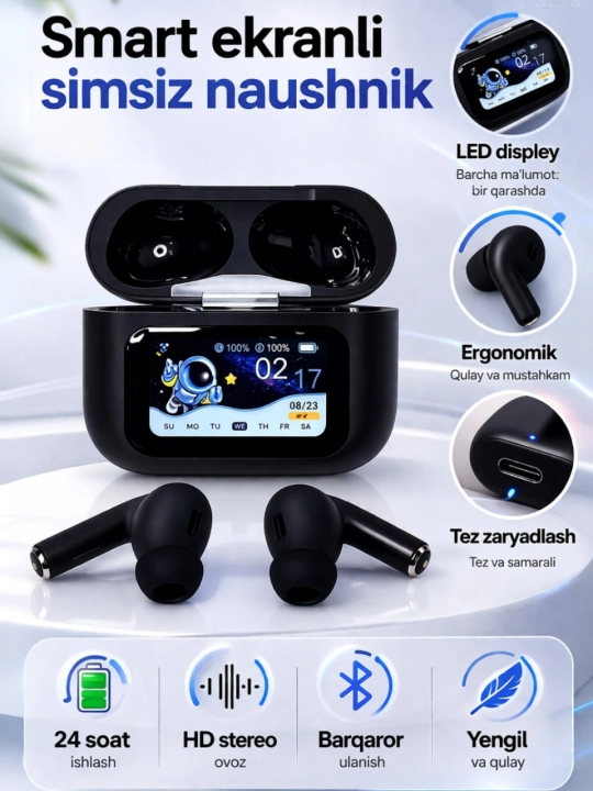 A9 PRO quloqchin shovqinni kamaytirish (ANC) funksiyasi, Bluetooth 5.4 va ekranli keys - 