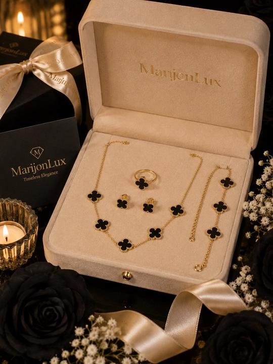 Комплект украшений Женский, Van Cleef, колье, браслет, кольцо и серьги с клевером - 