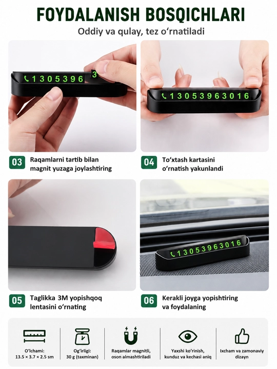 Avtomobilda telefon raqami bilan to'xtash joyi kartasi