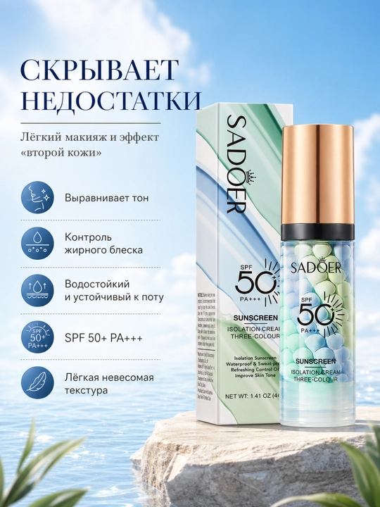 Quyoshdan himoya kremi SADOER uch rangli SPF himoya va maskirovka - 