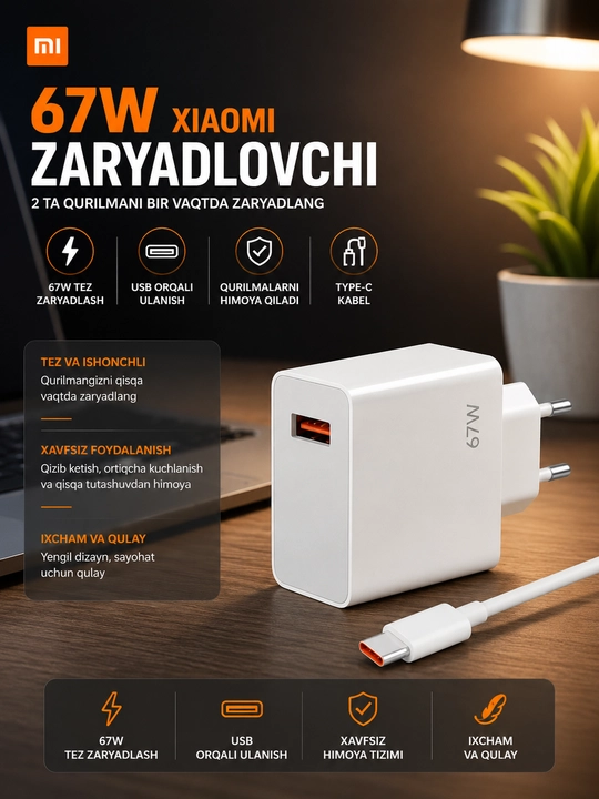 Tezkor zaryadka 120W, 67W, 33W USB Type-C, Android uchun tarmoqli zaryadlovchi qurilma - 