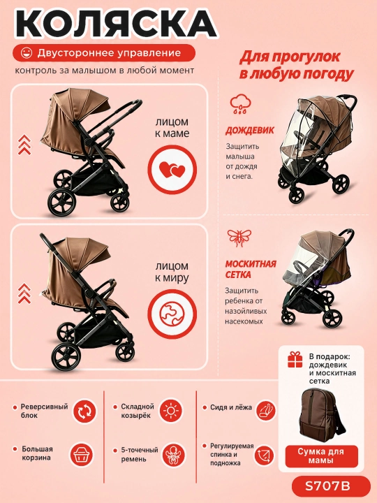 Детская коляска с сумкой для мамы, в подарок дождевик и москитная сетка