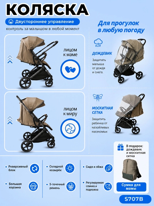 Детская коляска с сумкой для мамы, в подарок дождевик и москитная сетка