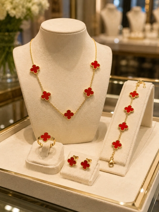 Комплект украшений Женский, Van Cleef, колье, браслет, кольцо и серьги с клевером - 