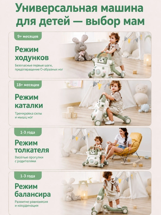 Ходунки детские 5 в 1, каталка, беговел, самокат, музыкальная панель