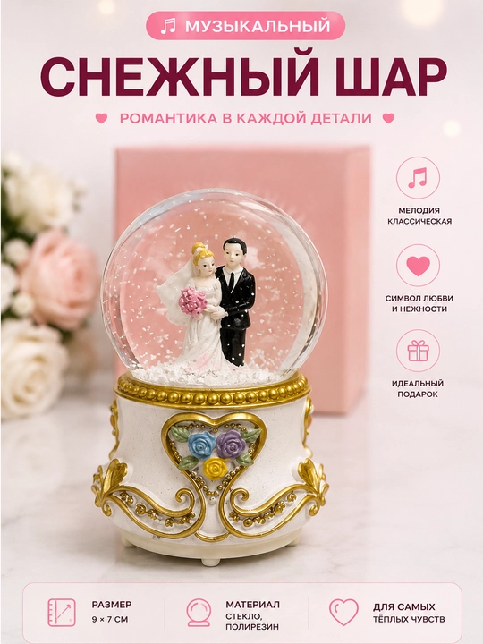 Музыкальный снежный шар 15 см, для влюбленных, романтический сувенир с эффектом снега - 