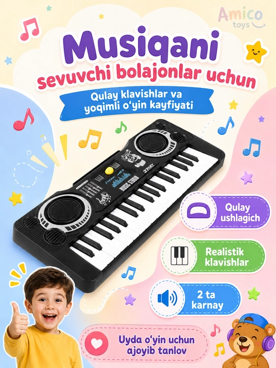Музыкальная игрушка синтезатор, детское пианино, 37 клавиш, с мелодиями и звуками - 
