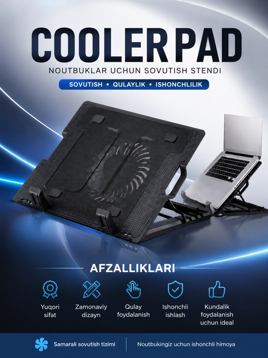CoolerPad 9-17 dyuymli noutbukni sovitish uchun taglik, USB orqali sozlanadigan, ventilyatorli - 