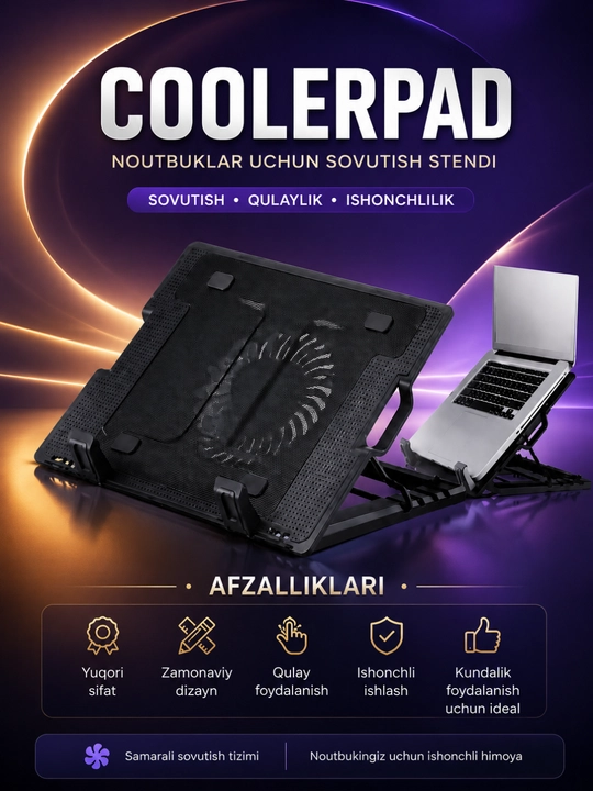 CoolerPad 9-17 dyuymli noutbukni sovitish uchun taglik, USB orqali sozlanadigan, ventilyatorli - 
