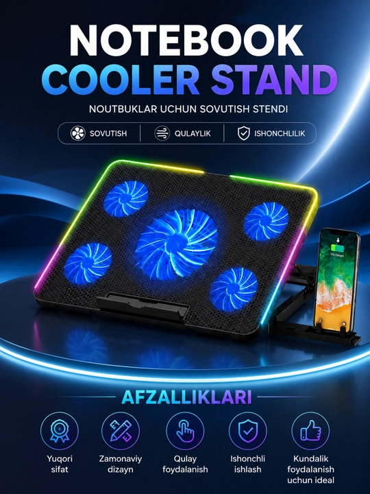 A5/A6 CoolerPad Noutbuk Sovutish Stendi – 5 Ventilyatorli, RGB, USB, 9–17 Dyuym - 