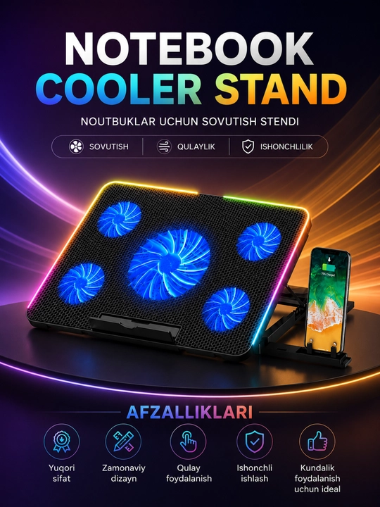 9-17 dyuymli noutbuk uchun A5/A6 CoolerPad sovutish tagligi, 5 ta ventilyator, RGB, USB - 