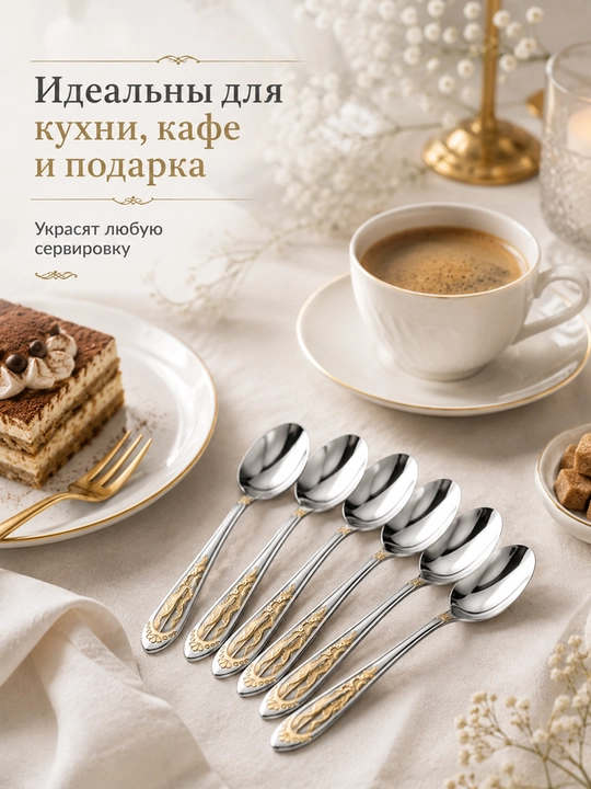 Choy qoshiqlari to‘plami 6 dona, 14,5 sm, bezakli metall qoshiq