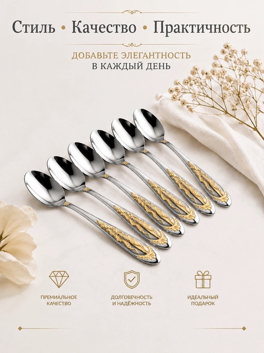 Choy qoshiqlari to‘plami 6 dona, 14,5 sm, bezakli metall qoshiq