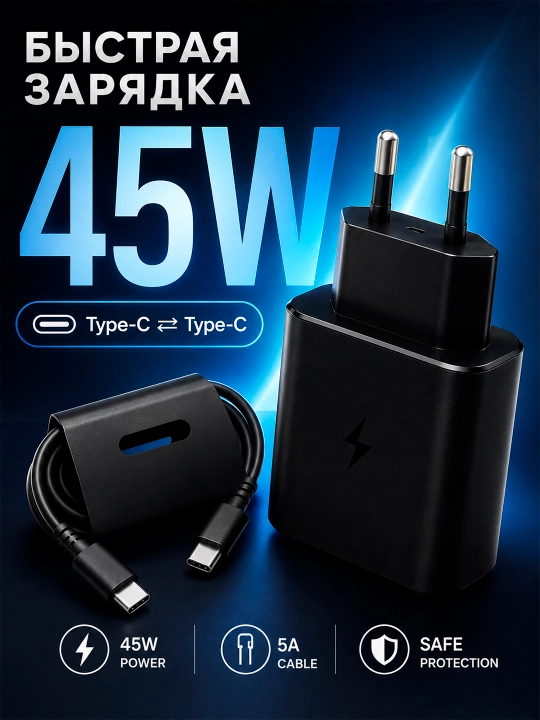 Telefon uchun 45W Type-C zaryadlovchi, tezkor zaryadlash, quvvat adapteri - 