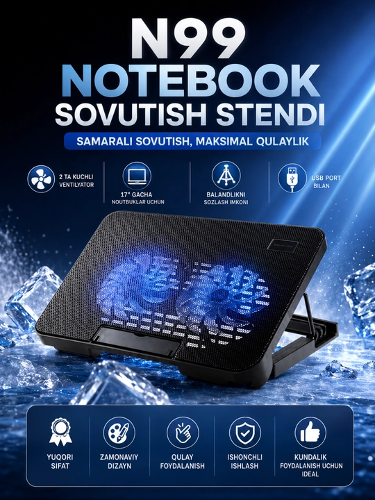 17 Dyuymgacha Noutbuklar Uchun USB Sovutgich Stend – 2 Ventilyatorli Cooling Pad - 