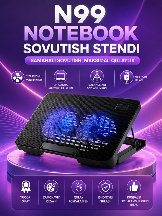 17 Dyuymgacha Noutbuklar Uchun USB Sovutgich Stend – 2 Ventilyatorli Cooling Pad - 