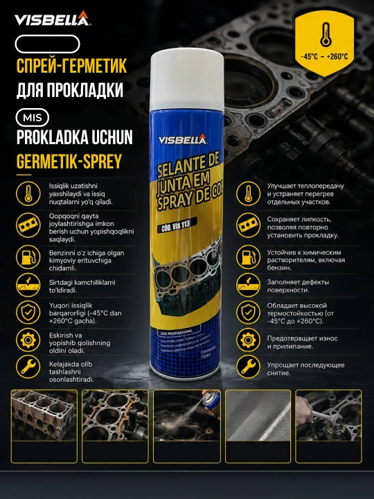 Visbella Copper Gasket misli germetik-spreyi, prokladkalar uchun aerozol yelimi, 750 ml - 