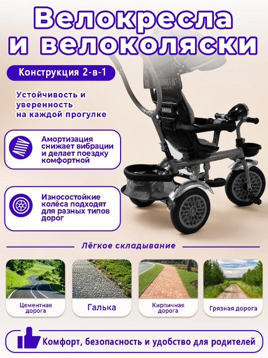 Детская коляска, велосипед,  с защитными бортиками и солнцезащитным козырьком