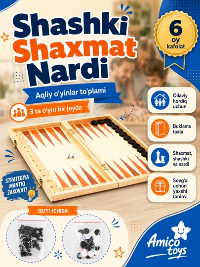 Magnitli stol o'yini to'plami shashka, shaxmat narda 3 tasi 1 da bolalar va kattalar uchun - 