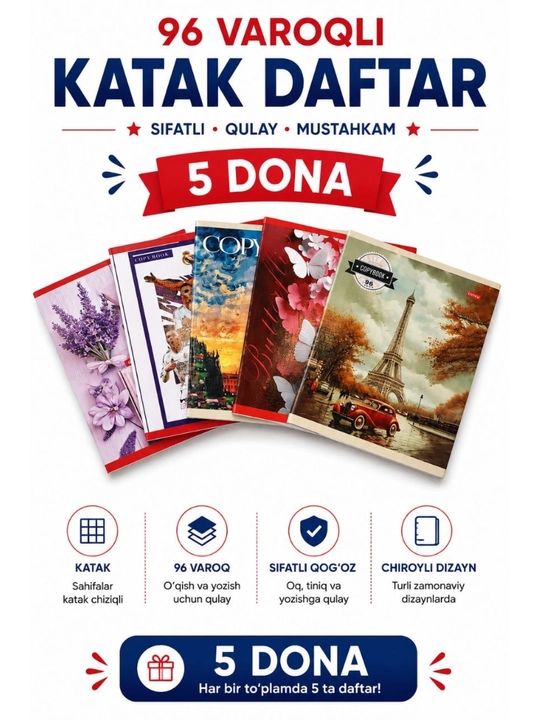 Daftar 36, 48, 96 varaq, A5, katak  umumiy daftarlar 5, 10 dona - 
