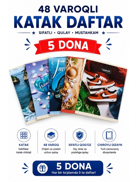 Daftar 36, 48, 96 varaq, A5, katak  umumiy daftarlar 5, 10 dona - 