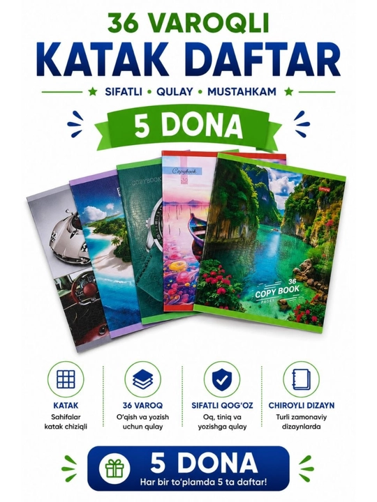 Daftar 36, 48, 96 varaq, A5, katak  umumiy daftarlar 5, 10 dona - 