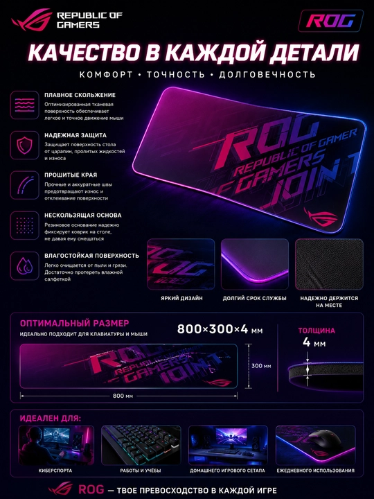 Игровой коврик для мыши ROG 80×30 cм, большой геймерский ковер с прошитыми краями