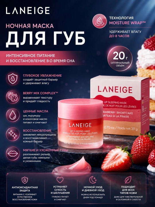 Tungi lablar uchun niqob, LANAIGE, lip Sleeping Mask Strawberry Shortcake, 20 g - 