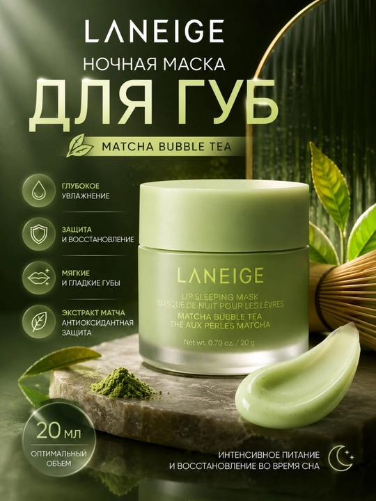 Ночная маска для губ Matcha Bubble Tea Lip Sleeping Mask, Laneige, 20 мл - 