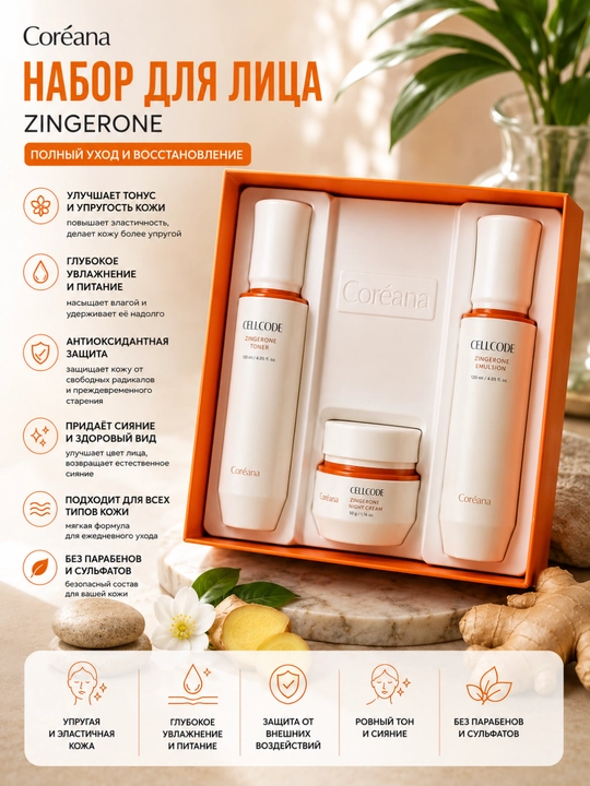 Coreana Cellcode Zingerone zanjabil ekstrakti bilan yuz uchun parvarish to‘plami - 