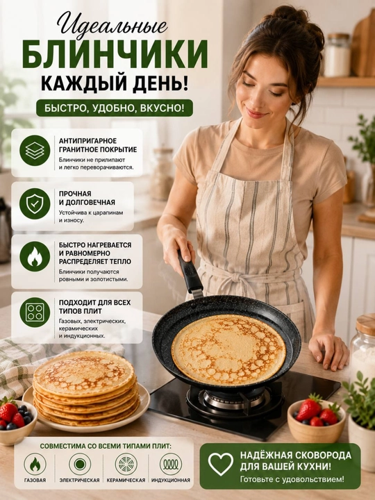 Блинная сковорода с гранитным антипригарным покрытием, 22, 24, 26, см