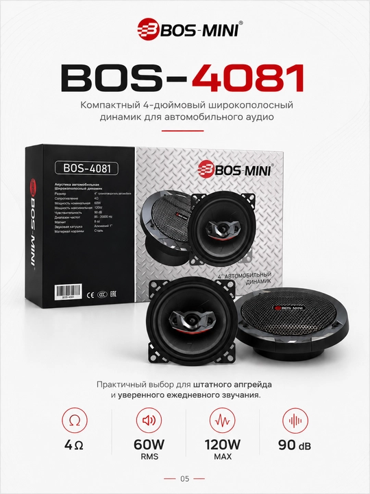 Автомобильные динамики BOS-MINI BOS-4081, 4″, 60/120 Вт, 4 Ом, 2 шт - 