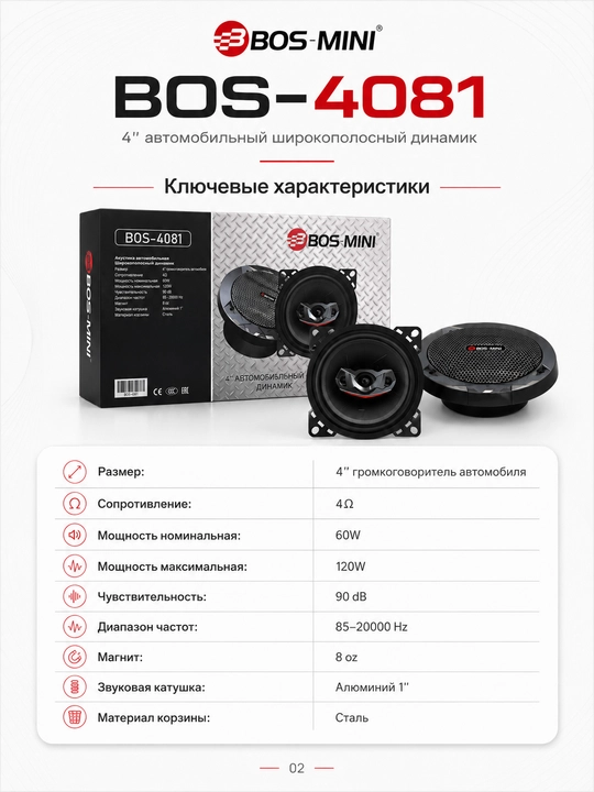 Автомобильные динамики BOS-MINI BOS-4081, 4″, 60/120 Вт, 4 Ом, 2 шт