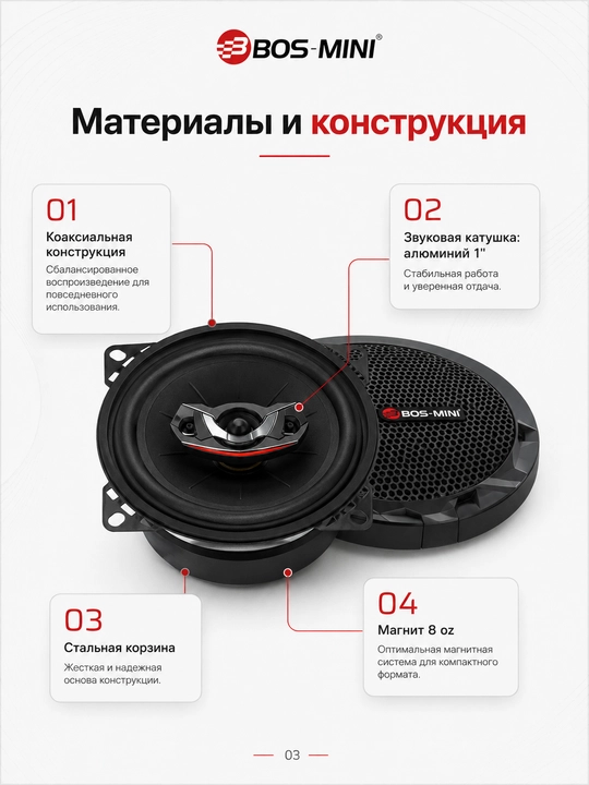 Автомобильные динамики BOS-MINI BOS-4081, 4″, 60/120 Вт, 4 Ом, 2 шт