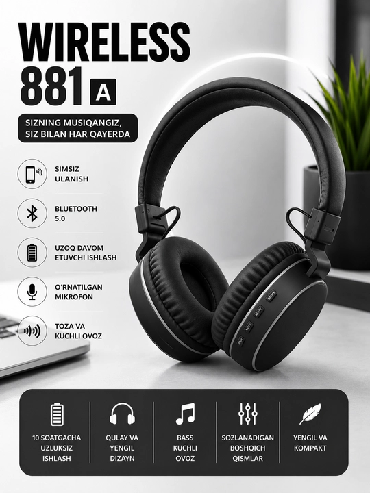 MS-881A Simsiz Bluetooth Quloqchin, AUX va SD Card Qo‘llab-quvvatlaydigan Headphone - 