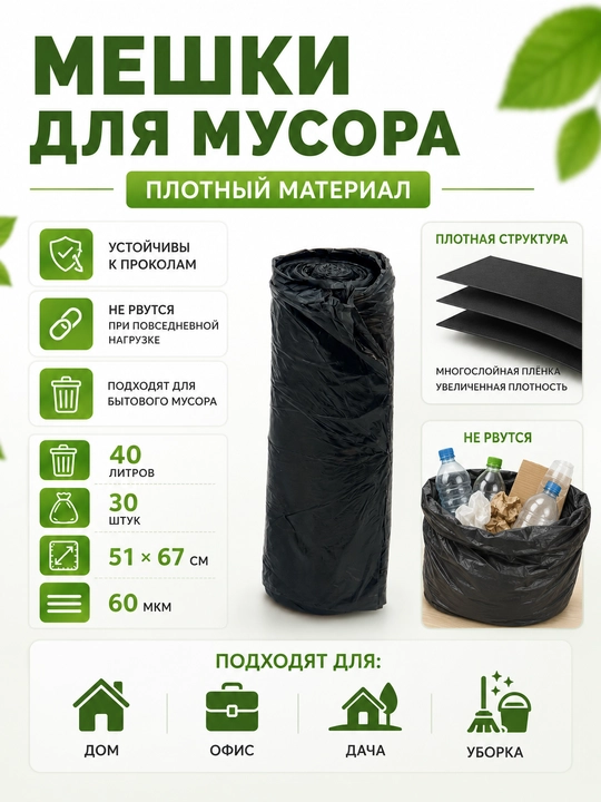 Мусорные пакеты 40 л, 30 шт — черные хозяйственные пакеты