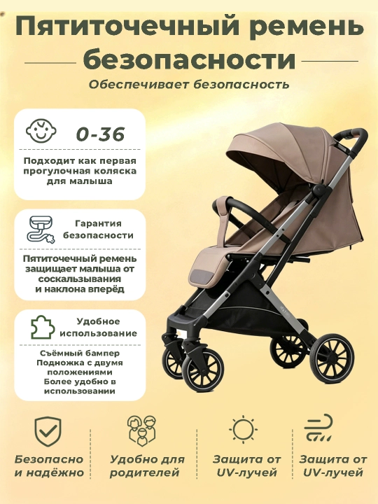 Коляска 0-36 мес, складная, вентиляция, ремень, тормоз, сумка
