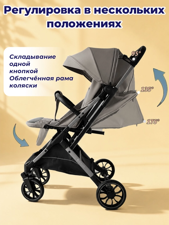 Коляска 0-36 мес, складная, вентиляция, ремень, тормоз, сумка