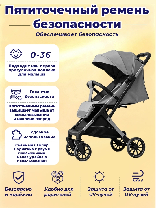 Коляска 0-36 мес, складная, вентиляция, ремень, тормоз, сумка
