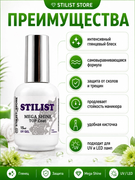 Топ для гель-лака STILIST Mega Shine Top Coat, 15 мл